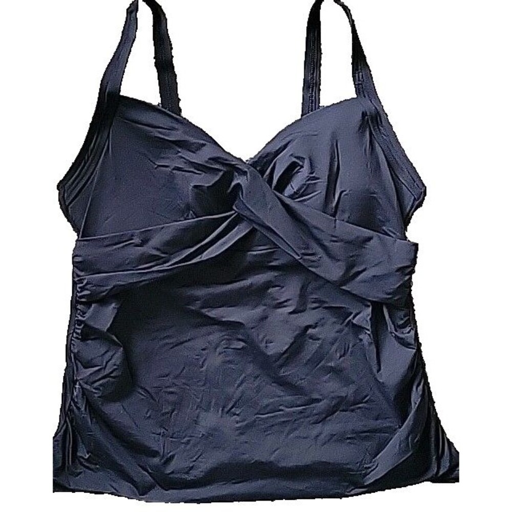 Swim Top 16W Black Wrap Front Tankini Solid Lined Wide Straps Lands End S110